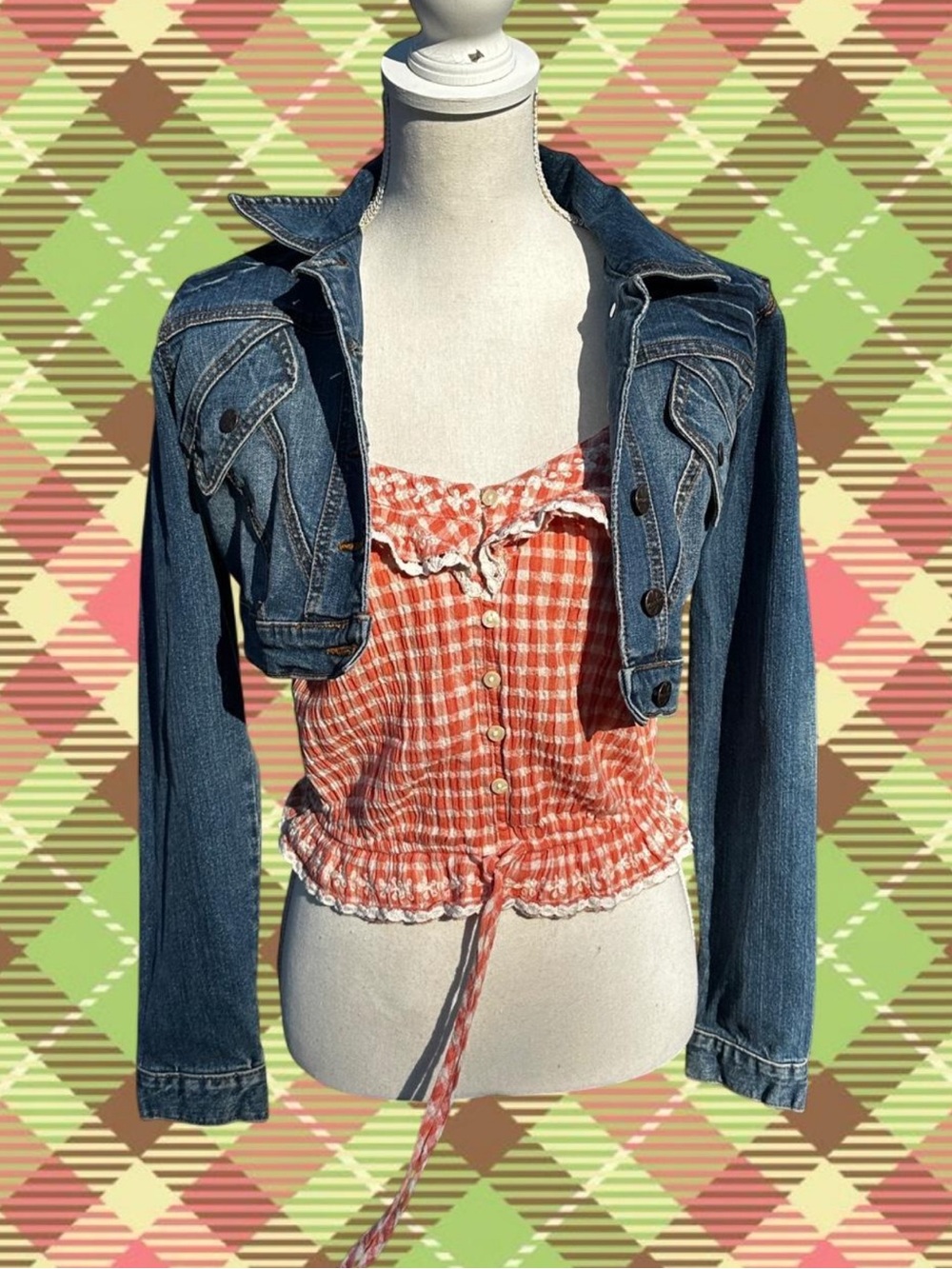 Orange  and white gingham corset top with lace trim #corsetry #gingham size S